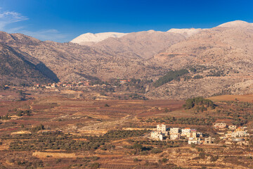 View On Majdal Shams The Druze town in the southern foothills of Mountain Hermon, At Sunset,  Golan...