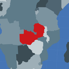 Shape of the Zambia in context of neighbour countries. Country highlighted with red color on world map. Zambia map template. Vector illustration.