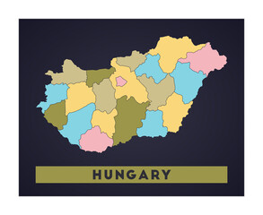 Hungary map. Country poster with regions. Shape of Hungary with country name. Classy vector illustration.