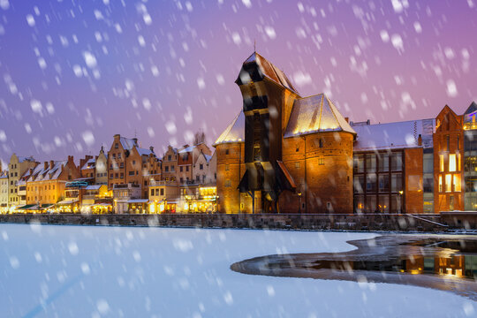 Winter scenery of Motlawa river and Gdansk at night, Poland, Europe.