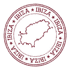 Ibiza round rubber stamp with island map. Vintage red passport stamp with circular text and stars, vector illustration.