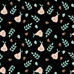 Vector seamless pattern with fruits, pears in flat style for fabrics, paper, textile, gift wrap isolated on black background.