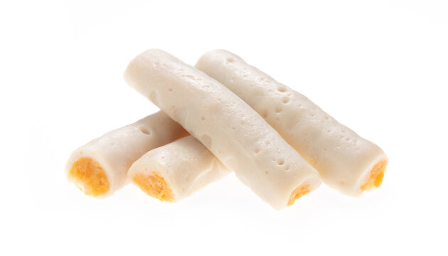 Seasoned minced fish stuffed with cheese isolated on white background.