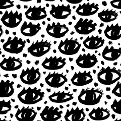 Seamless pattern with black eyes and eyelashes. Repeating hand drawn grunge print of open eyes with dots. Vector ink illustration, monochrome graphic design. Simple style, funny isolated doodles
