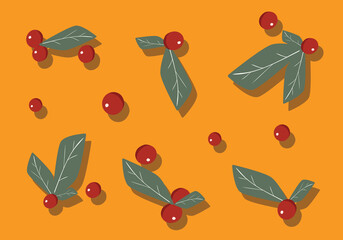 Red berries with green leaves on a orange background