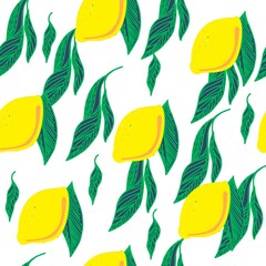 Seamless pattern. Bright yellow lemons with leaves. Minimalistic style. Suitable for packaging, textiles and wallpaper.