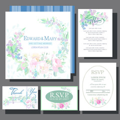 Fototapeta na wymiar Wedding invitation card with flowers, rsvp card, menu design, Basic CMYK