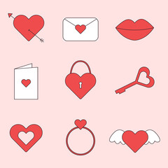 Happy Valentine's day flat icons for print, social media. Set of Valentine's icon on pink background.