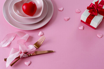 Table setting for valentine's day or 8 march. Selective focus. Copy space.