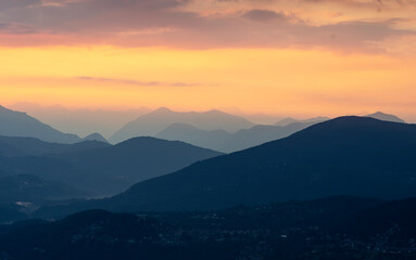 View of the mountains above Luino from the viewpoint of Premeno, a town at 800 meters above sea level, Italy