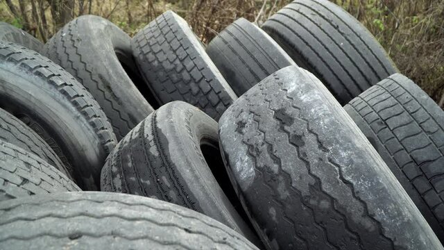 Lot of old car tires dumped in a forest during daytime