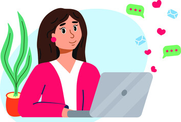 Girl with laptop. Receive messages online. Valentine's Day. Receive romantic messages. Stock vector illustration.