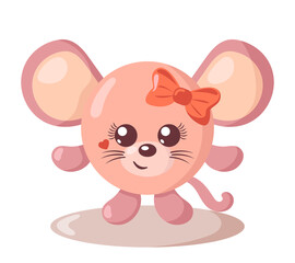 Funny cute kawaii mouse with round body and hair bow in flat design with shadows. Isolated vector illustration	