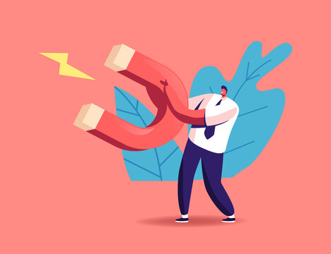 Tiny Businessman Character Holding Huge Magnet in Hands Attracting New Customers, Inbound Technologies, Lead Generation