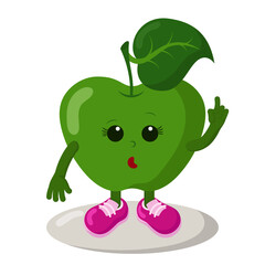 Cute surprised or thoughtful apple with sneakers holds index finger up. Colorful kawaii fruit emoticon. Isolated vector illustration.	