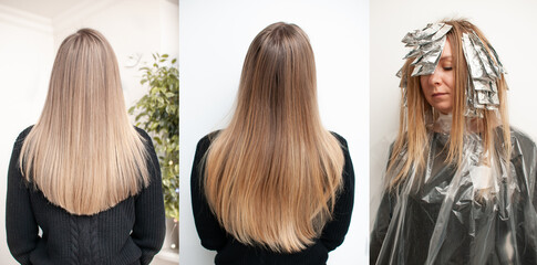 Blonde hair transformation process before and after highlighting hair, three photos in one on a white background