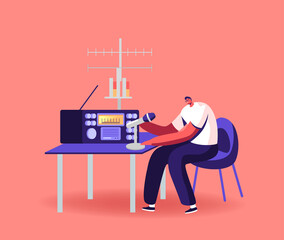 Character Work on Radio Concept. Male Radio Dj Amateur Character Speak to Microphone Broadcasting Program on Air