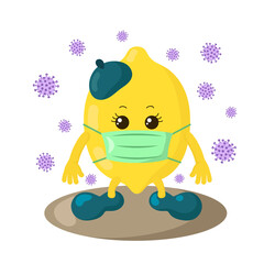 Cute kawaii lemon with sneakers and medical mask surrounded by viruses. Colored isolated natural vector illustration in flat design with shadows	