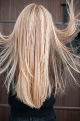 Blonde hair with streaked strands on young woman indoors close-up back view