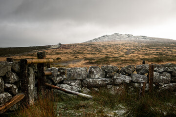 January 2021 - Snow has settled on top of Rippon Tor in Dartmoor National Park, Devon, UK