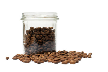 Transparent jar filled with coffee beans,