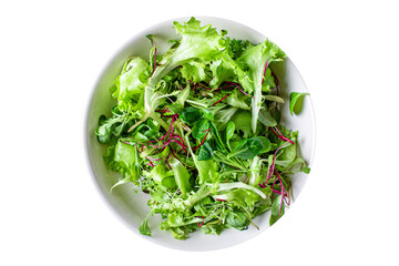 fresh green salad lettuce mix juicy microgreens snack ready to eat on the table healthy meal snack...