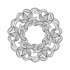 Round doodle mandala with floral elements and patterns on white isolated background. Suitable for coloring book pages, card, poster.
