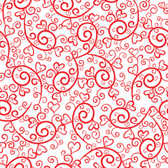 Decorative red floral swirls and hearts on white background. Seamless lovely doodle pattern. Suitable for wrapping paper, textile, packaging.