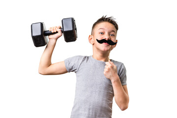 Cute kid making funny face holding a dumbbell and fake mustache isolated on pure white background