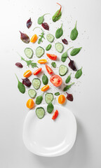 Flat layered fresh vegetables, herbs and spices with an empty white plate on a white background. Images of text space. Healthy Eating Concepts 