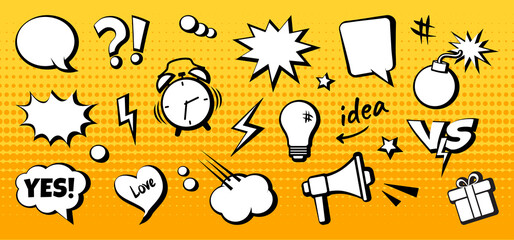 Comic vector elements and speech balloons on yellow halftone dots background. Pop art style illustration