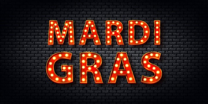 Vector realistic isolated neon sign of Mardi Gras marquee logo for template decoration and covering on the wall background.