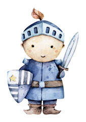 The brave knight with shield and sword in blue armor. Vintage Hand drawn watercolor cartoon isolated illustration on white background