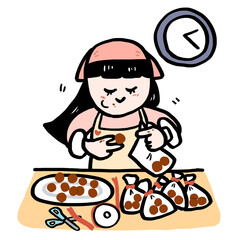 バレンタイン　トリュフチョコレートをラッピングしながらつまみ食いする女の子　たくさんの義理チョコ
