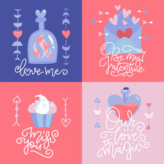 Romantic cards collection. Vector square banners set of love theme in boho style. Posrcatds with hand drawn lettering quotes.