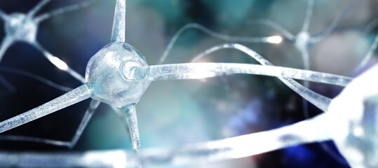 Neuron close-up, nerve node, signal neural network, 3D rendering