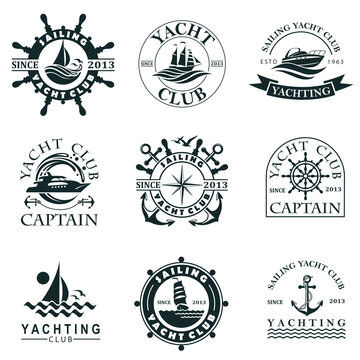 collection of yacht club labels with sea waves, anchor and helm isolated on white background