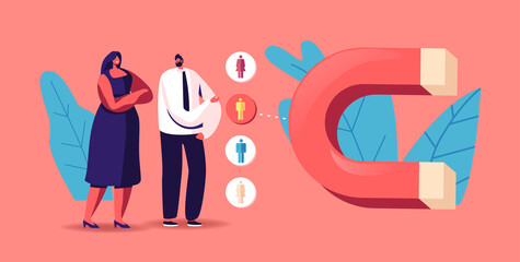 Lead Generation Concept. Tiny Businesspeople near Huge Magnet Attracting Followers, Clients in Internet. Smm Strategy