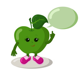 Cute smiling green apple with sneakers and speech bubble holds index finger up. Colorful kawaii fruit emoticon. Isolated vector illustration.	