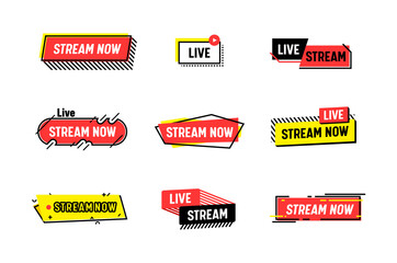 Set of Icons Stream Now, Live Streaming. Broadcasting Concept for Video News, Tv Screen Emblems. Online Channel Labels