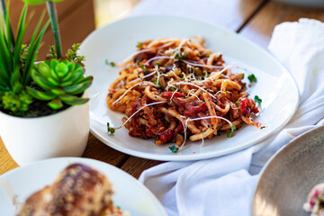 food in the restaurant pasta with sause