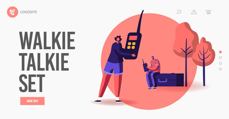 People Playing Use Radio Technologies Landing Page Template. Radio Amateurs Communicate with Portable Walkie Talkie