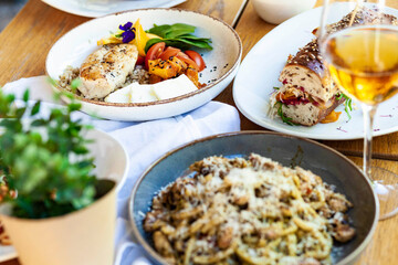 Healty fresh green food on the wooden table 