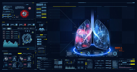 HUD, GUI, FUI dashboard element ui medical examination. Display set of virtual interface elements. Covid-19. Human lungs. Low poly wireframe and points. Diagrams, pie chart infographics. Vector - obrazy, fototapety, plakaty