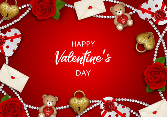Fototapeta na wymiar valentine's day background with red roses teddy bears gold padlocks and gift boxes