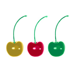 Collection of cartoon vector illustration of ripe red, green and orange cherries isolated on white background