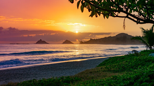 Hawaiian Islands Sunrise over the Mokes in Kailua, Oahu