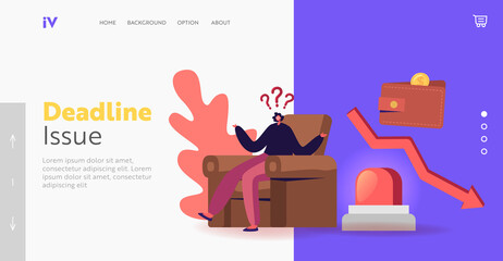 Businesswoman Ignoring Problem Landing Page Template. Business Finance Crisis. Arrow Fall Down, Economy Sale Drop