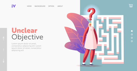Businesswoman in Labyrinth Challenge Landing Page Template.Complicated Task Concept. Female Character in Maze