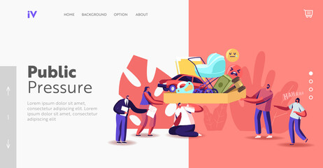 Public Pressure Landing Page Template. Tiny Characters Put Huge Box Full of Society Attributes on Man Shoulders